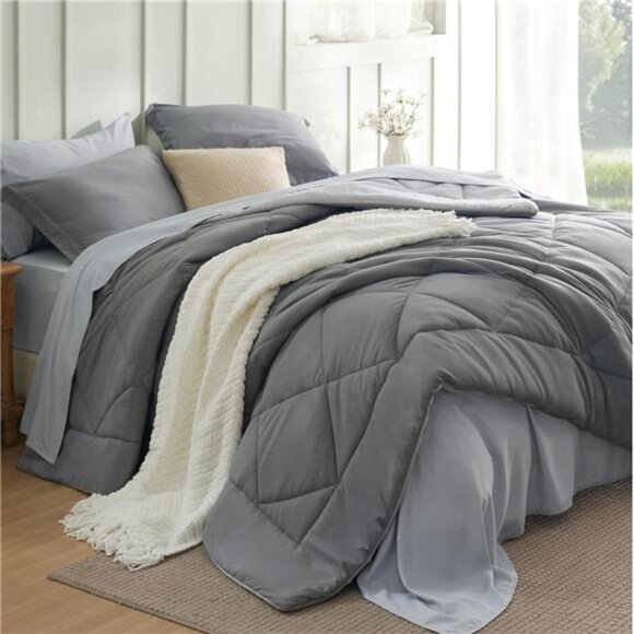Queen Comforter Set - 7 Pieces Reversible Grey Bedding, Queen Size Bed Set - Picture 1 of 7